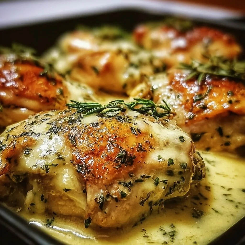 Creamy herb-baked chicken dish, garnished with fresh herbs on a plate.