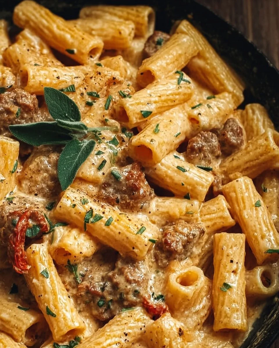 Creamy Italian Sausage Rigatoni 1 Creamy Italian sausage rigatoni with herbs and parmesan cheese