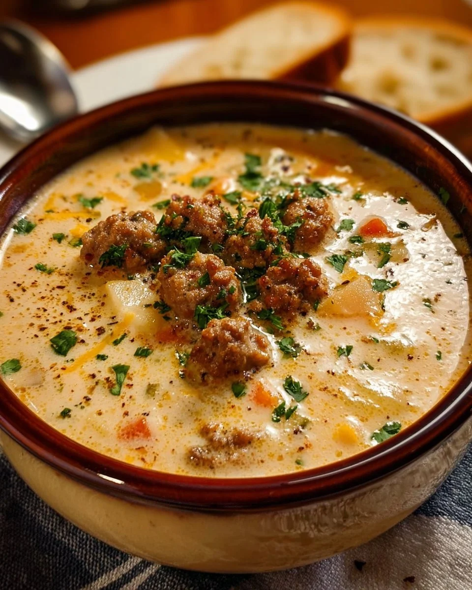 A steaming bowl of creamy Italian sausage soup garnished with fresh herbs.