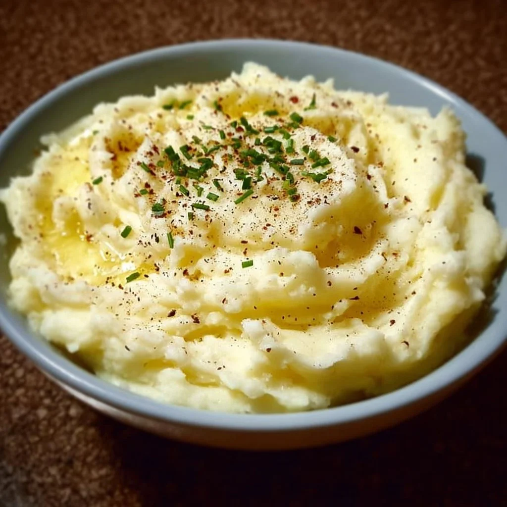 Bowl of creamy mashed potatoes topped with butter and herbs