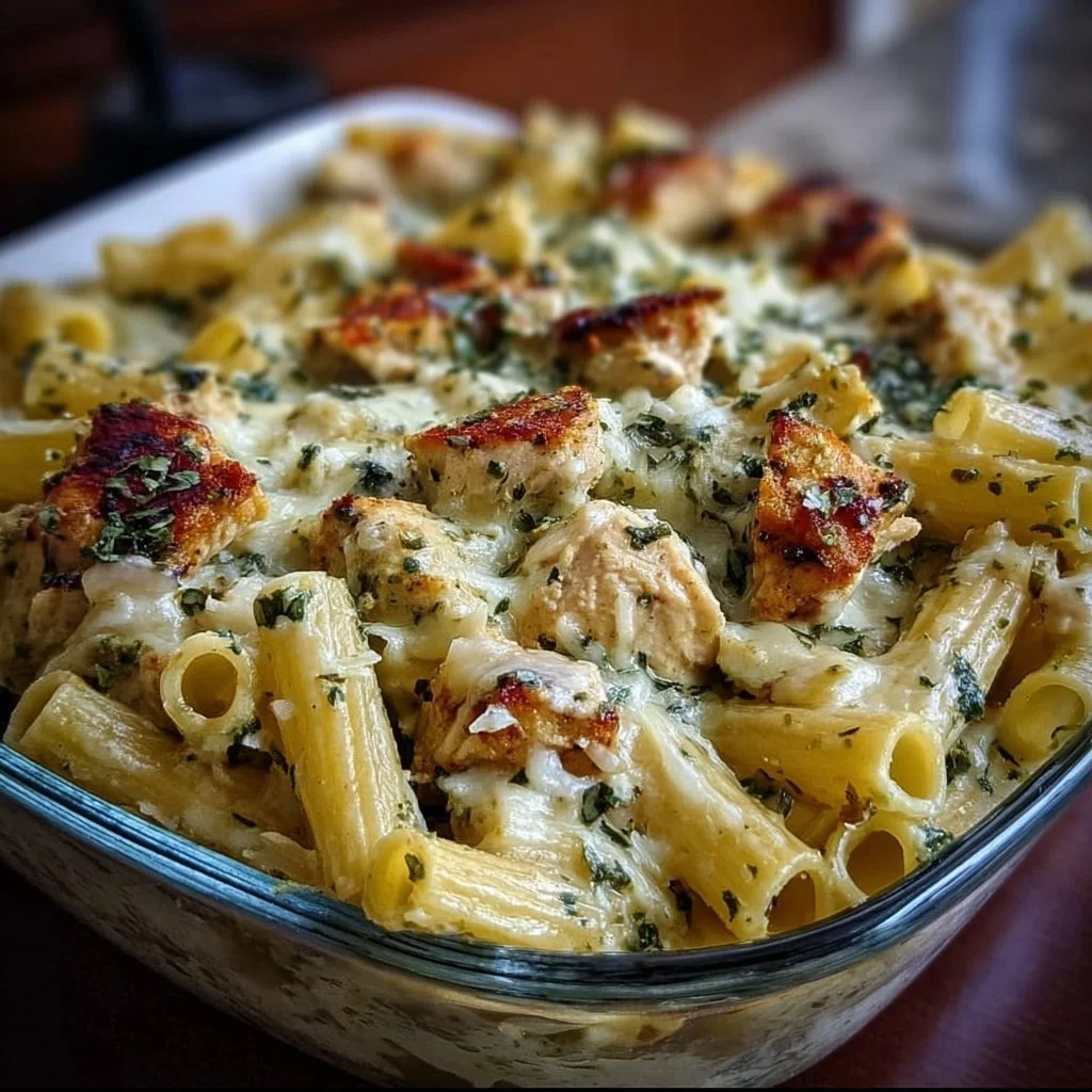 Delicious creamy pesto chicken pasta bake topped with fresh herbs