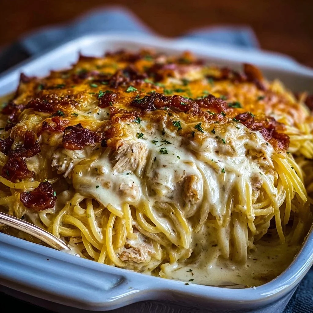 Creamy Southern Spaghetti Bake served in a dish with cheese and herbs