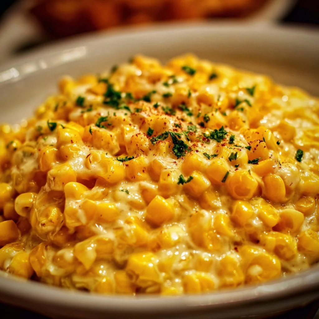 Creamy Thanksgiving corn dish served on a festive holiday table.