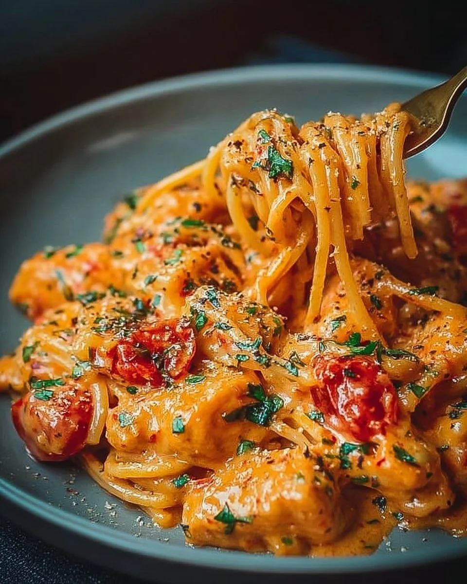 Creamy tomato garlic pasta with fresh herbs and parmesan cheese