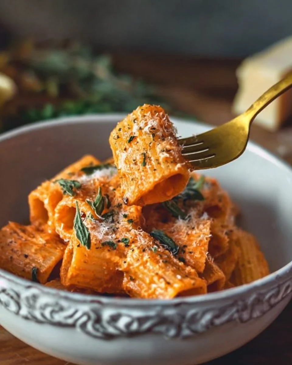 Creamy Tomato Garlic Rigatoni Pasta 1 Creamy tomato garlic rigatoni pasta served in a bowl