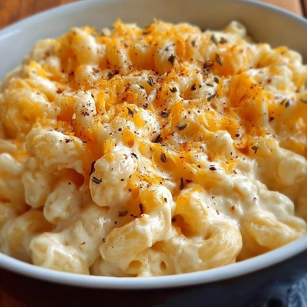 Creamy white cheddar mac and cheese topped with breadcrumbs.