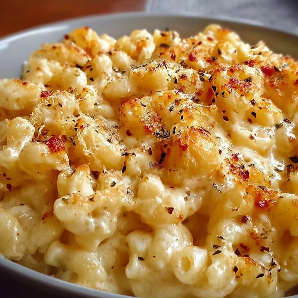 Creamy White Cheddar Mac and Cheese 3 Bowl of creamy white cheddar mac and cheese topped with herbs.
