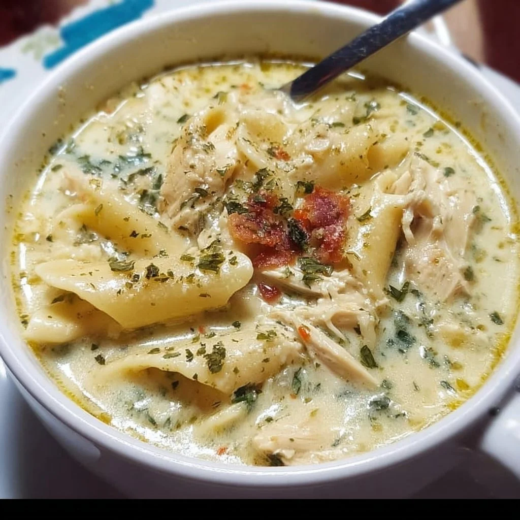 Creamy white chicken lasagna soup in a bowl topped with parsley.