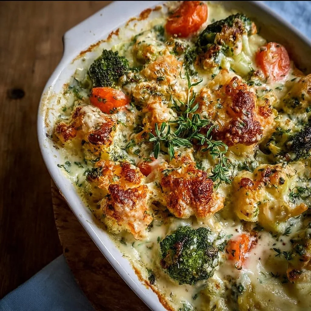 Creamy winter vegetable casserole topped with cheese and herbs