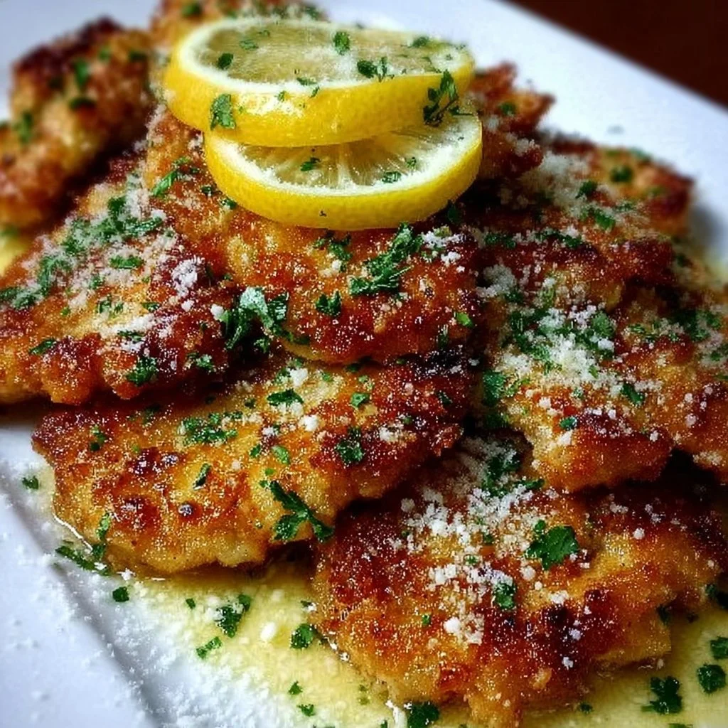 Crispy Lemon Chicken Romano served on a plate with garnish.