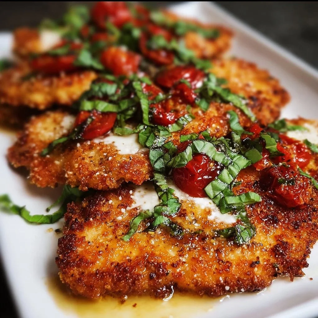 Crispy Parmesan-Basil chicken cutlets served on a plate with herbs