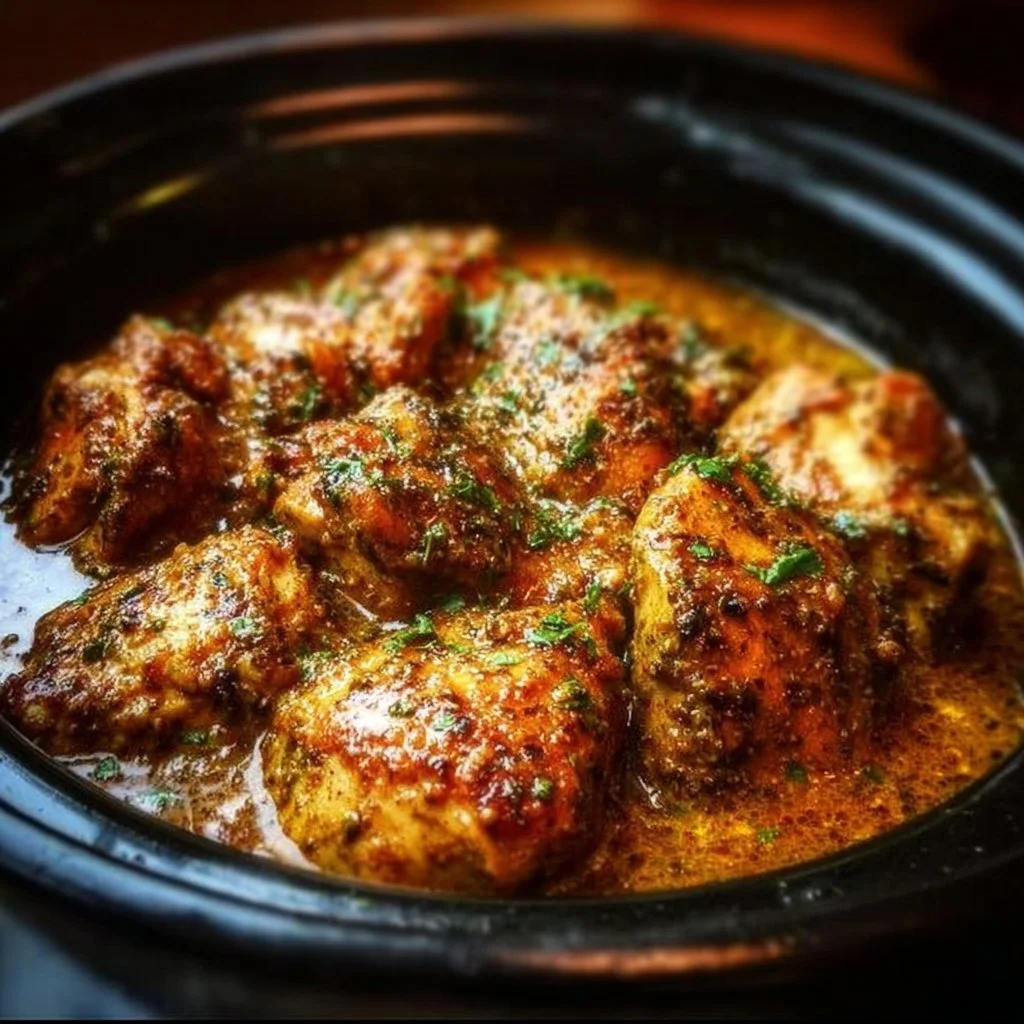 Crockpot Cajun Butter Chicken served with rice and herbs on a plate