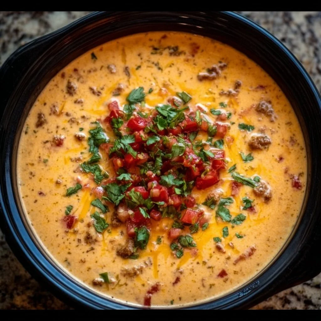 Crockpot Queso Dip 3 Delicious Crockpot Queso Dip served in a bowl with tortilla chips on the side.