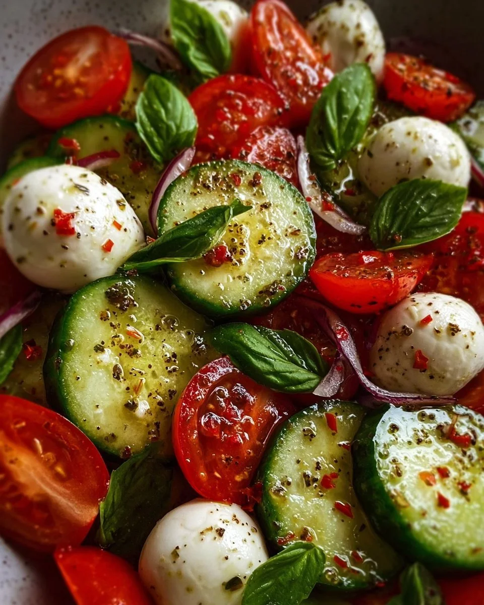 Cucumber Caprese Salad 1 Cucumber Caprese Salad with cucumbers, tomatoes, mozzarella, and basil, served in a bowl.