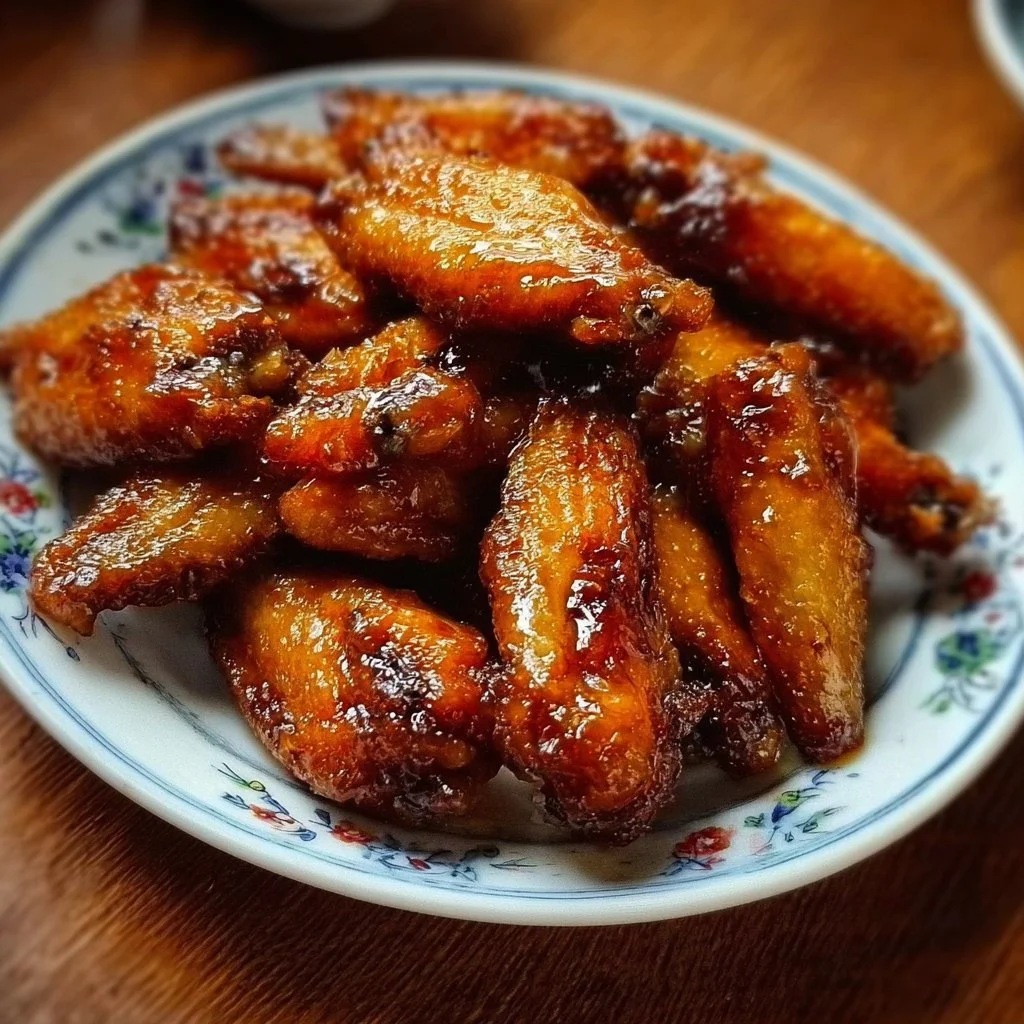 Plate of easy Chinese chicken wings with sauce and sesame seeds.