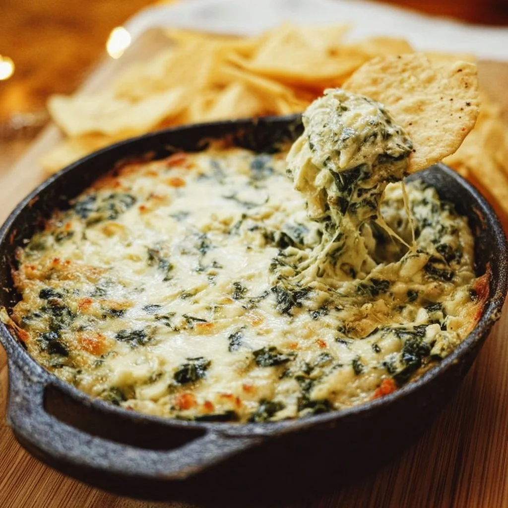 Bowl of easy spinach artichoke dip served with crispy tortilla chips