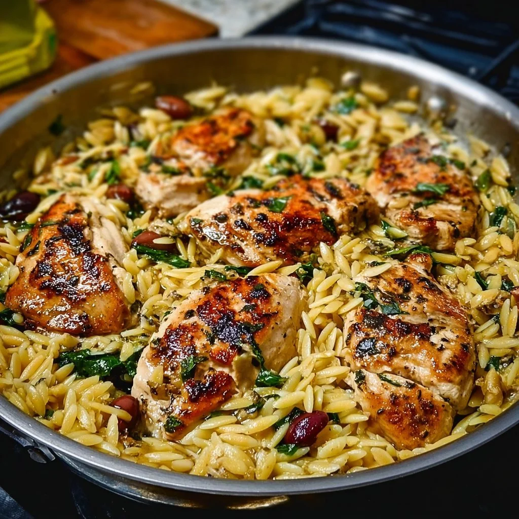 A colorful plate of Mediterranean Chicken Orzo with vegetables and herbs