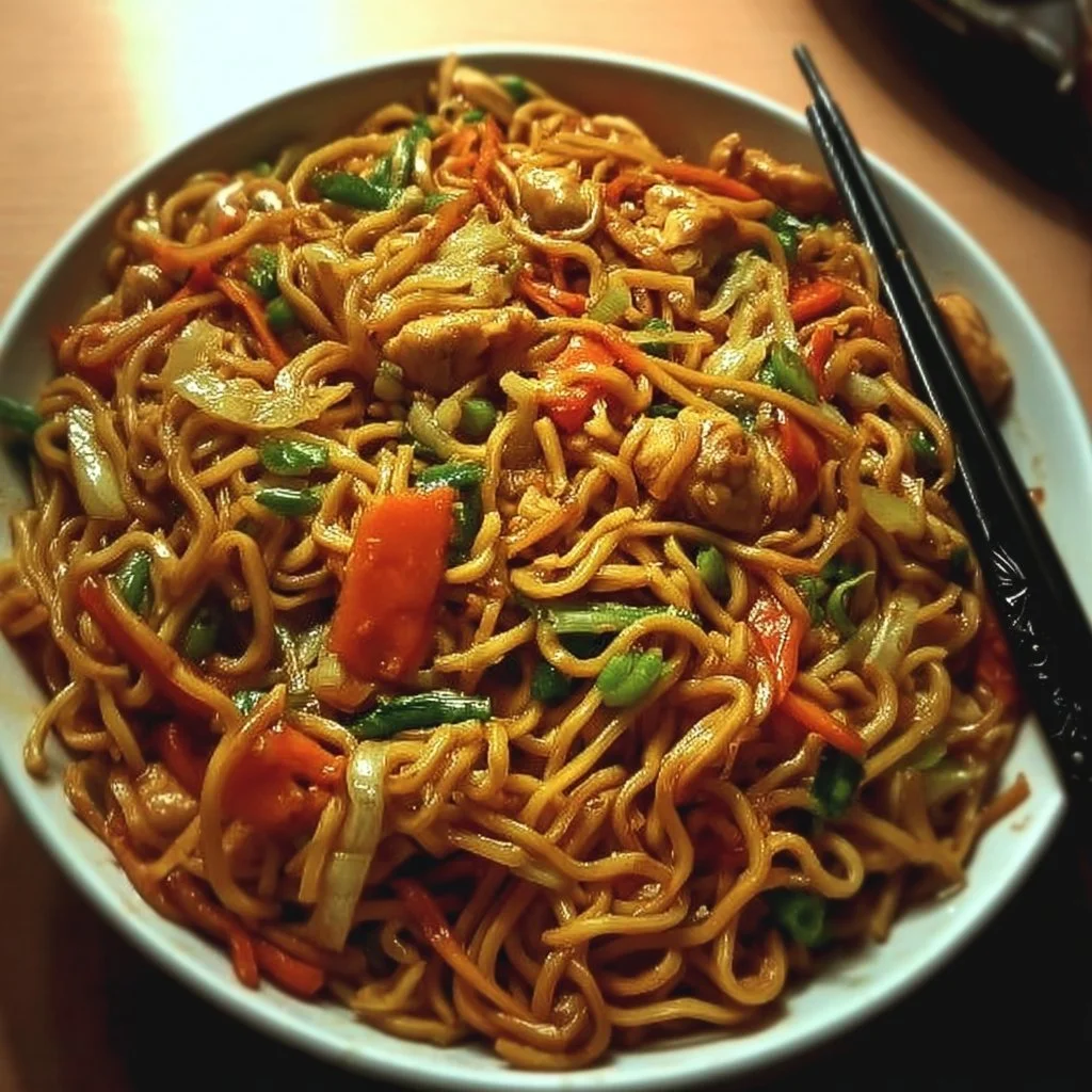 A plate of delicious fried noodles garnished with vegetables and meat.
