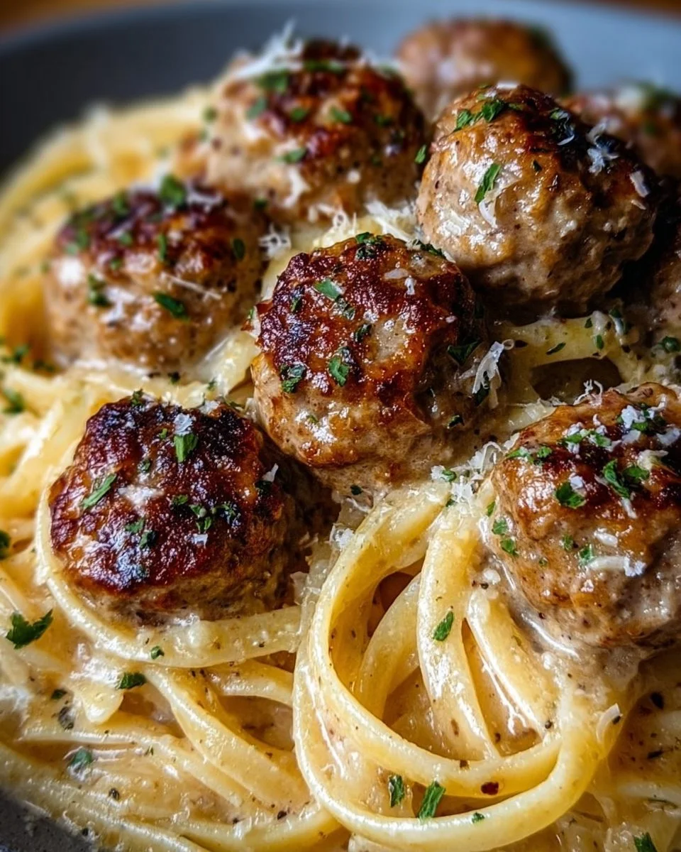Garlic Butter Meatballs served with Parmesan Linguine for a delightful dish.