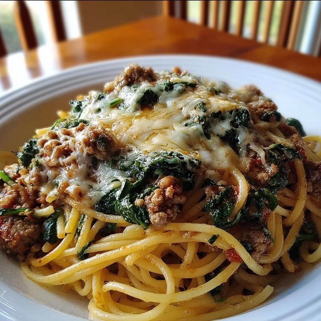 Garlic Butter Spaghetti with Italian sausage and spinach in a bowl