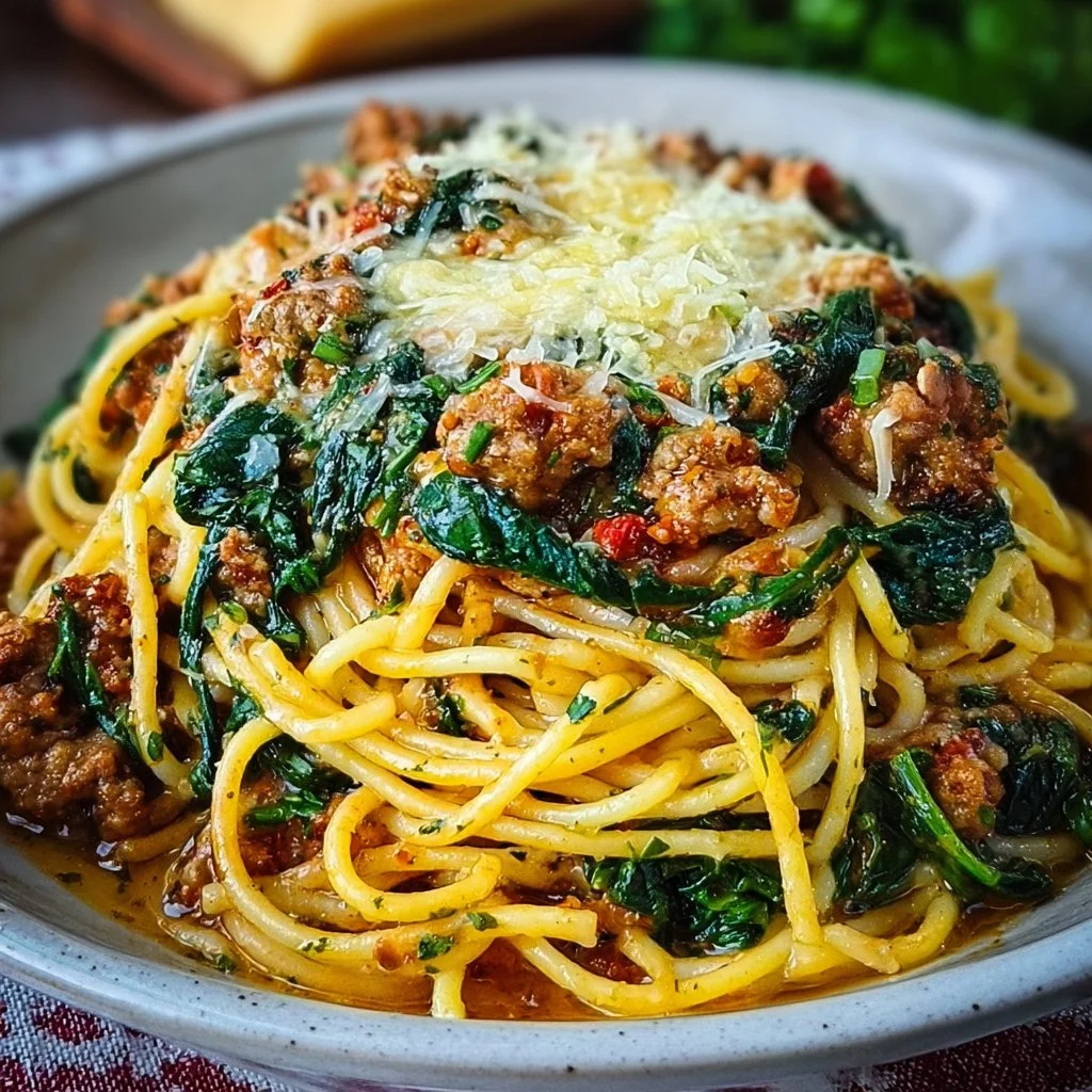 Garlic Butter Spaghetti with Cheesy Italian Sausage and Spinach