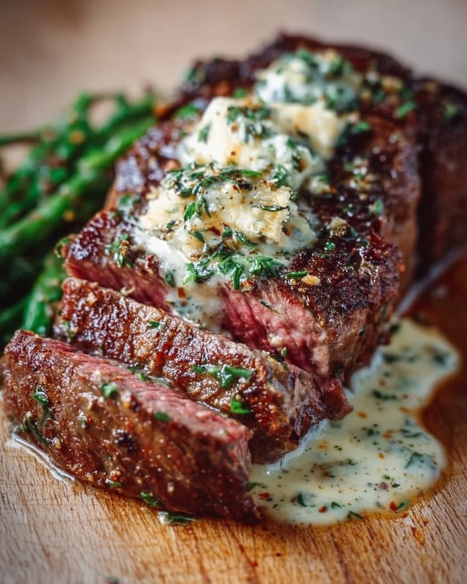Garlic Butter Steak topped with rich Parmesan Cream Sauce on a plate