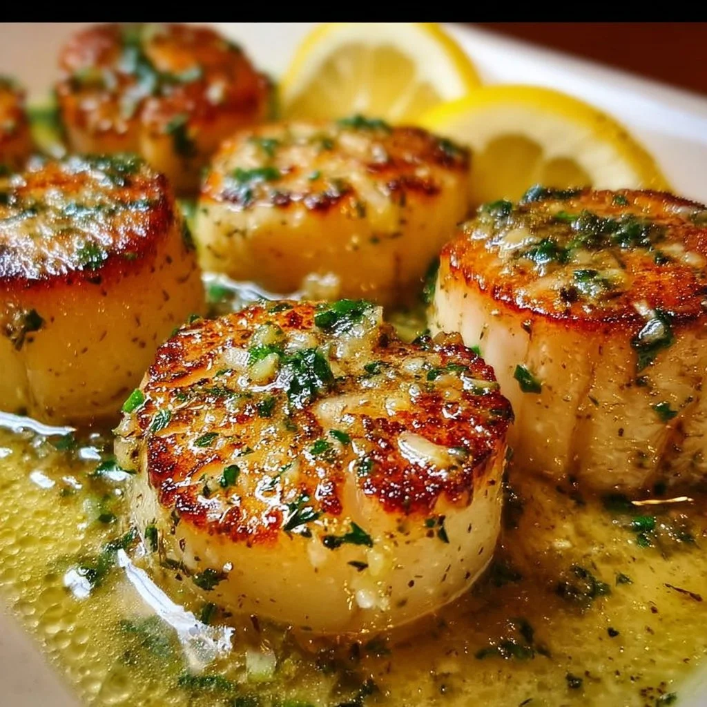 Delicious garlic lemon butter seared scallops plated beautifully
