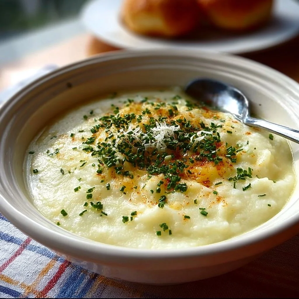A bowl of creamy Garlic Mashed Potato Soup garnished with chives and bread.