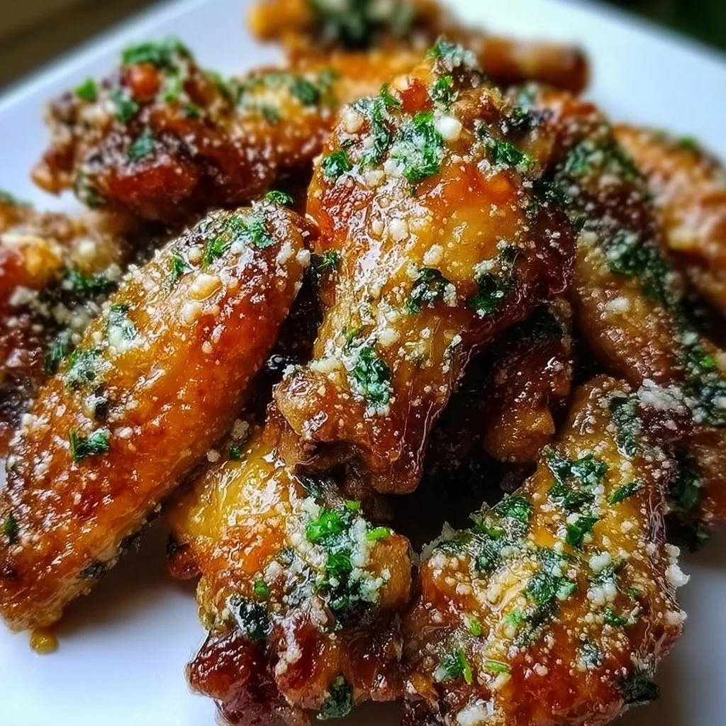 Plate of Garlic Parmesan Chicken Wings garnished with herbs