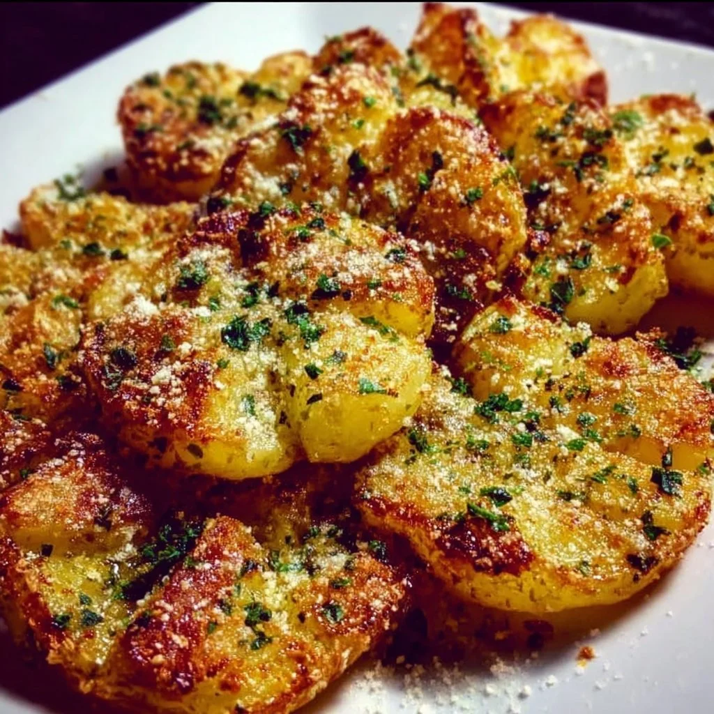 Delicious garlic parmesan smashed potatoes garnished with fresh herbs.