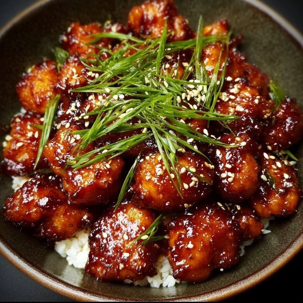 Delicious Gochujang Chicken served with vegetables and rice.