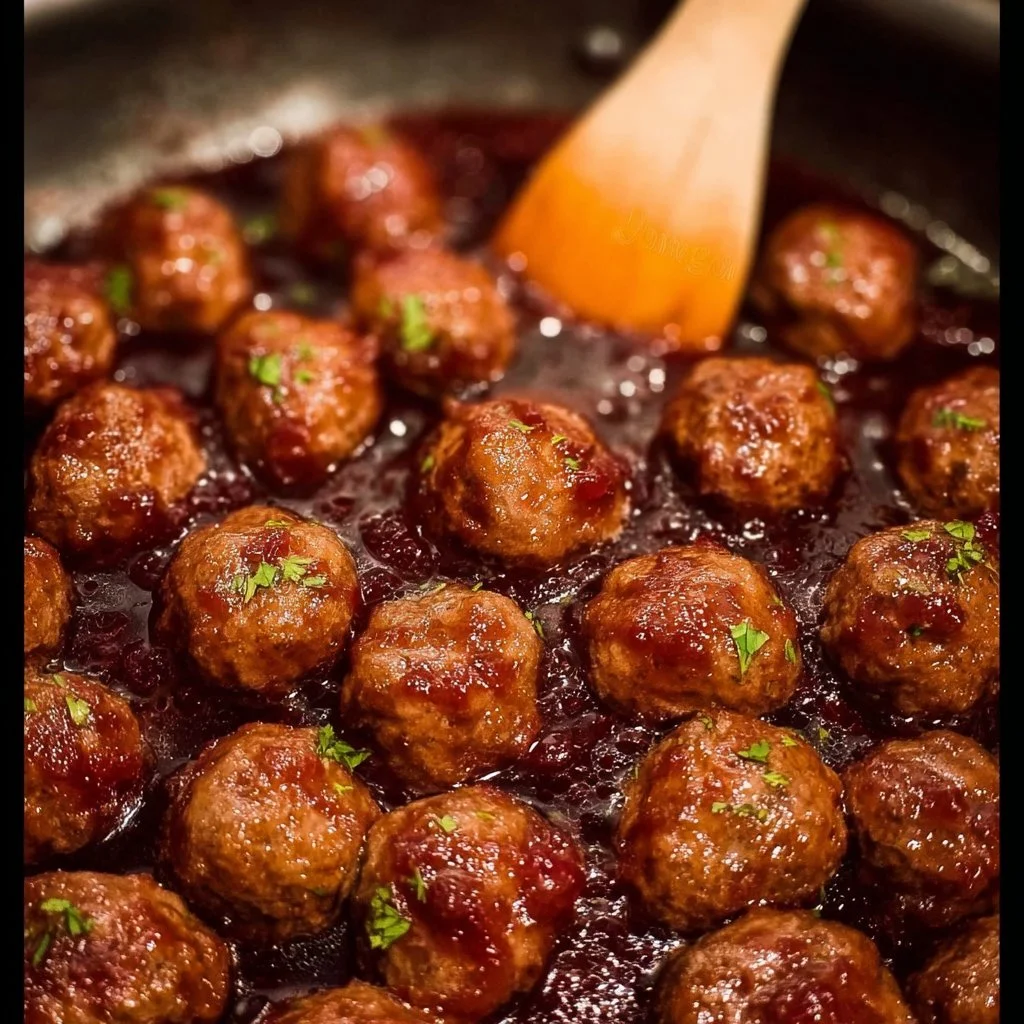 Grape Jelly Meatballs 3 Delicious grape jelly meatballs served on a platter with toothpicks.