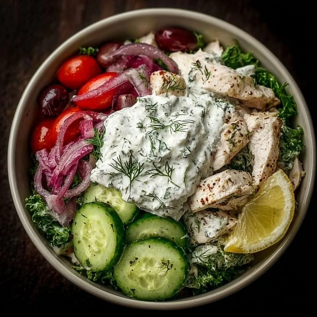 Delicious Greek Tzatziki Chicken Salad Bowl with fresh vegetables