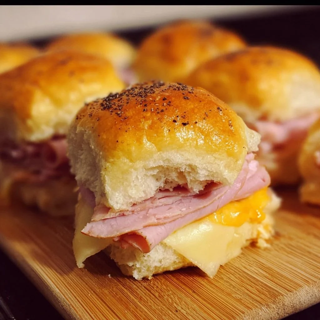 Ham and Havarti Cheese Sliders 3 Ham and Havarti Cheese Sliders on a platter, ready to be served