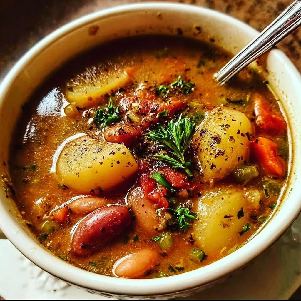 Bowl of hearty potato bean soup with garnishes on a wooden table