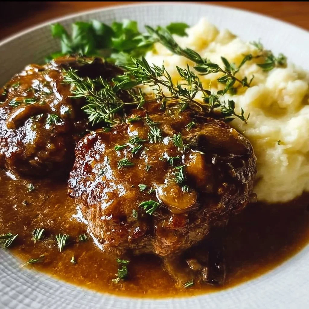 Delicious homemade Salisbury steak served with rich gravy and sides