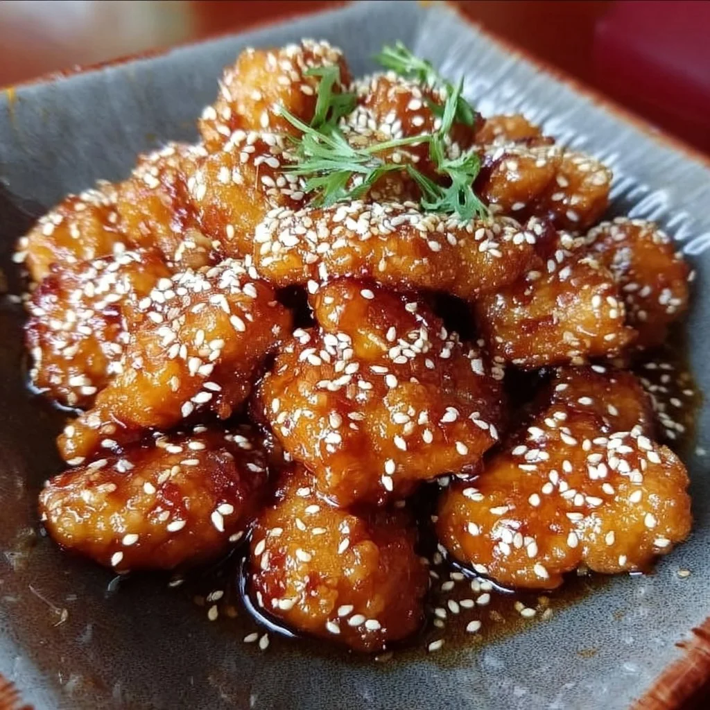 Delicious Honey Sesame Chicken with sesame seeds and vibrant vegetables