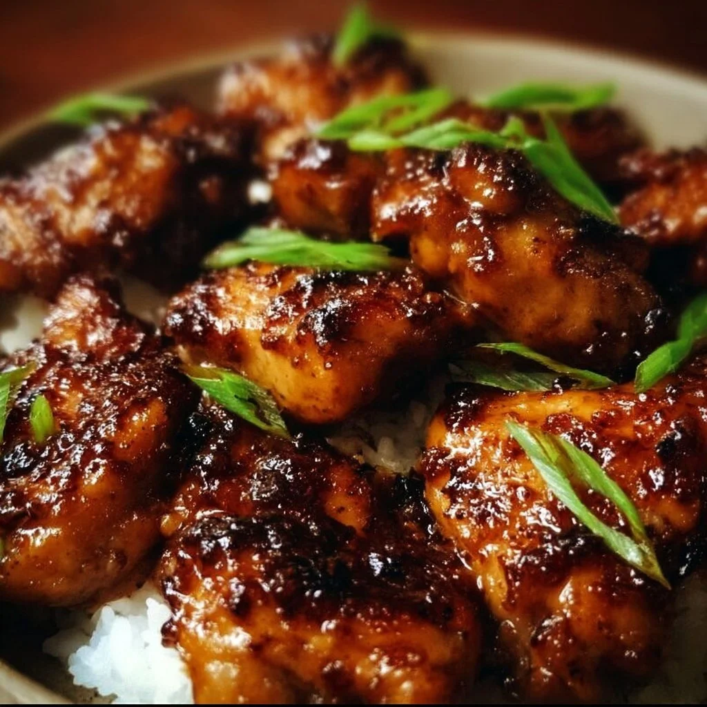 Delicious roasted Huli Huli Chicken garnished with fresh herbs and served on a platter.