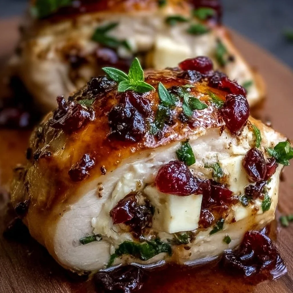 Cranberry Brie Stuffed Chicken on a white plate garnished with herbs