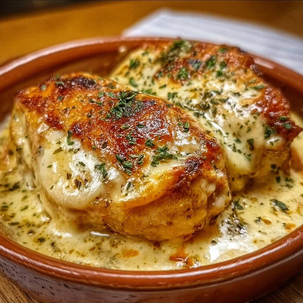 Delicious baked cream cheese chicken served with herbs and spices