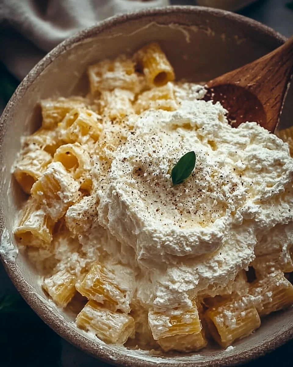Creamy ricotta pasta served in a bowl with fresh herbs.