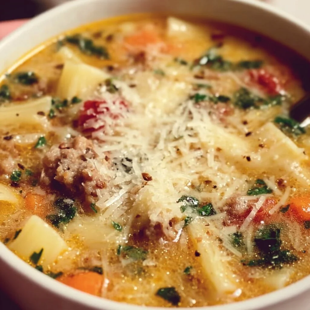 Bowl of Italian Sausage Pasta Soup garnished with parsley and fresh herbs