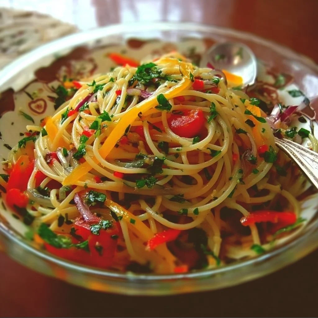 A colorful bowl of Italian Spaghetti Salad with fresh vegetables and dressing.