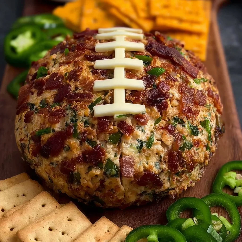 Jalapeño Popper Football Cheese Ball served with crackers and vegetables