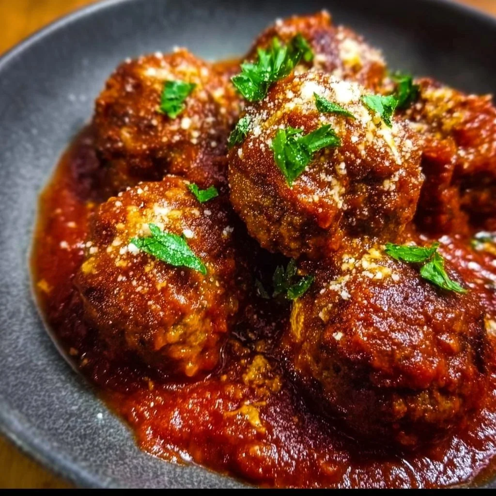 Keto Italian meatballs topped with marinara sauce on a plate