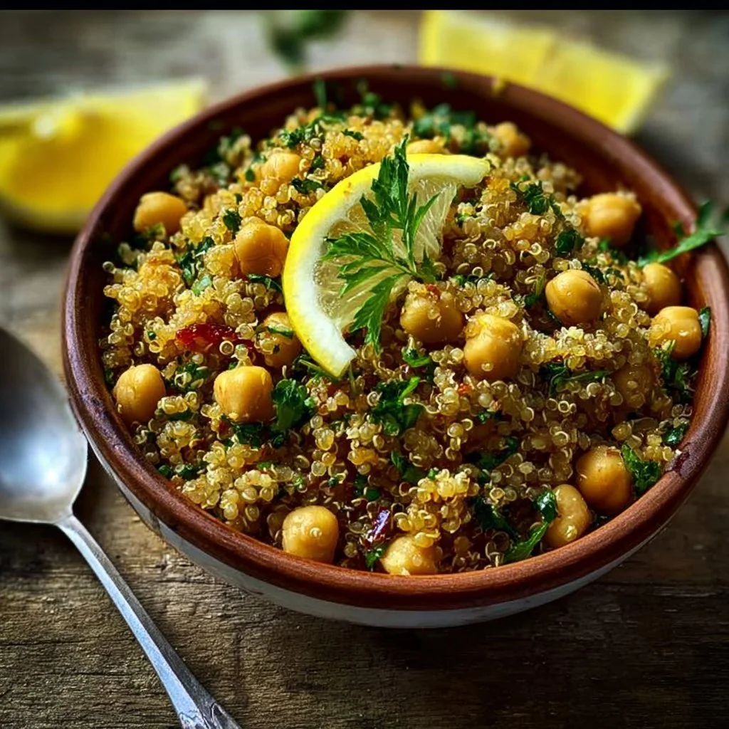 Bowl of lemon herb quinoa with chickpeas and fresh herbs