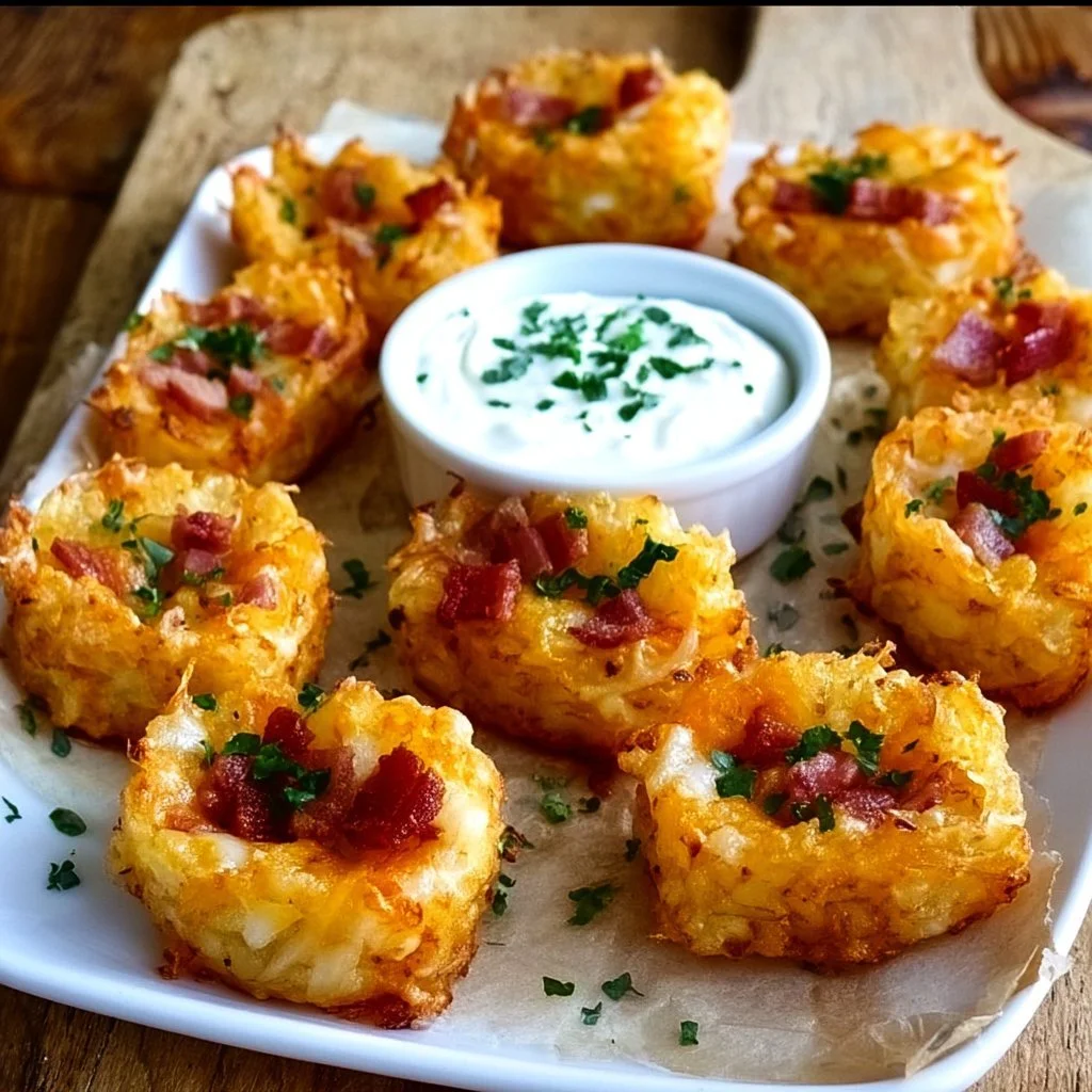 Delicious loaded tater tots appetizers topped with cheese and toppings.