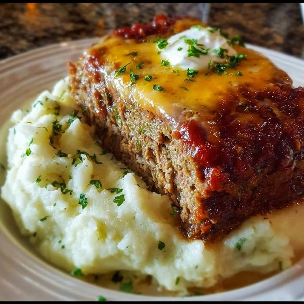 Delicious meatloaf served with creamy mashed potatoes and melted cheese