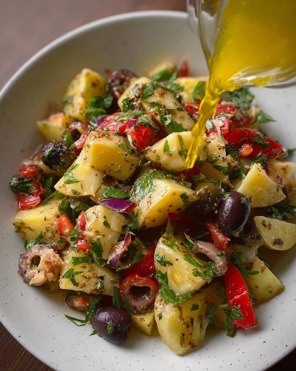 Mediterranean Inspired Potato Salad 1 Mediterranean inspired potato salad with herbs and vegetables