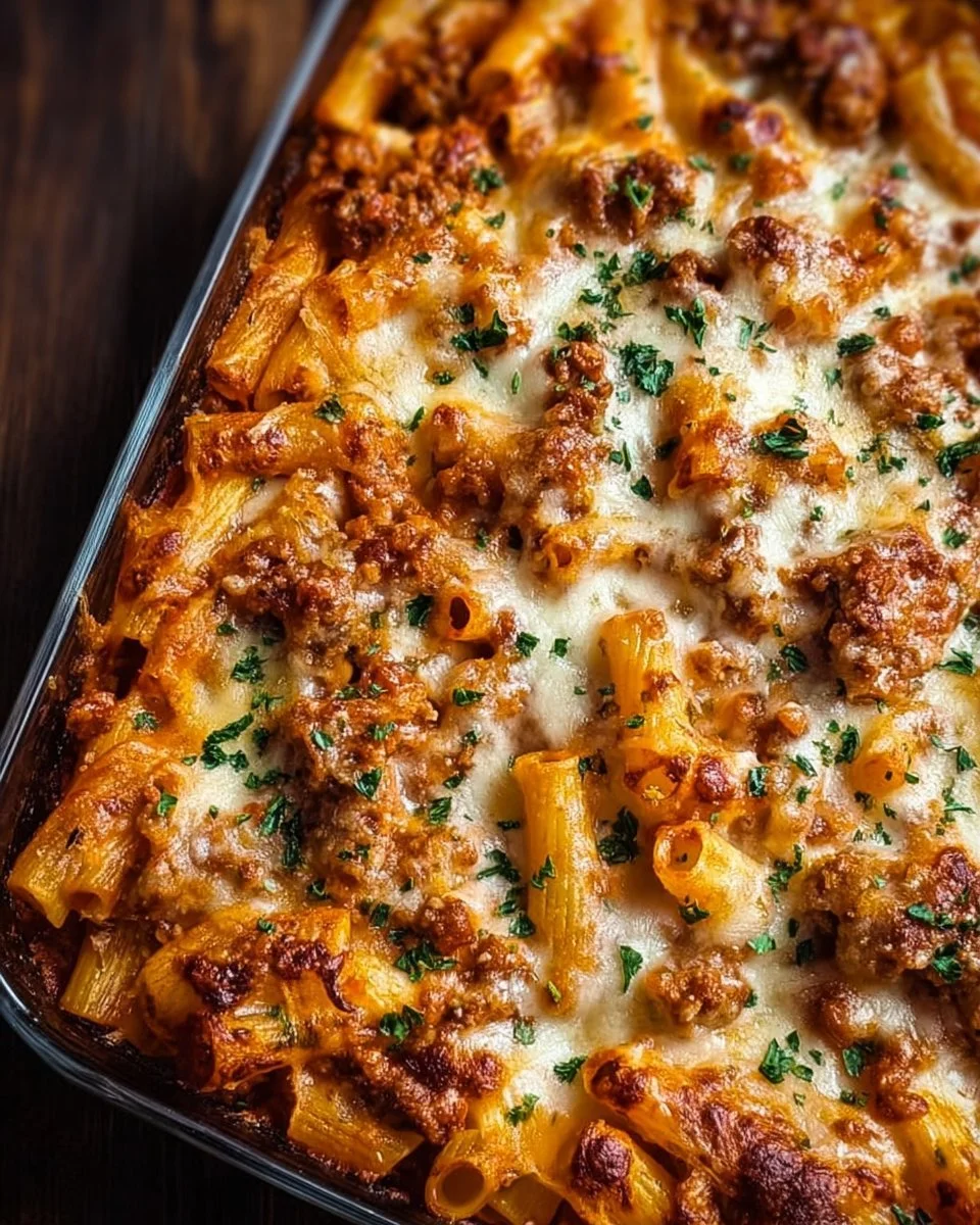 Delicious serving of Million Dollar Baked Ziti topped with cheese and herbs